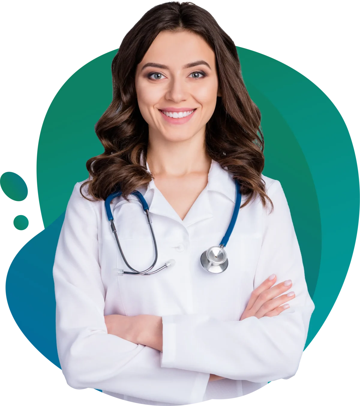 Smiling female doctor in a white lab coat and stethoscope, standing with crossed arms against an abstract green and blue background.
